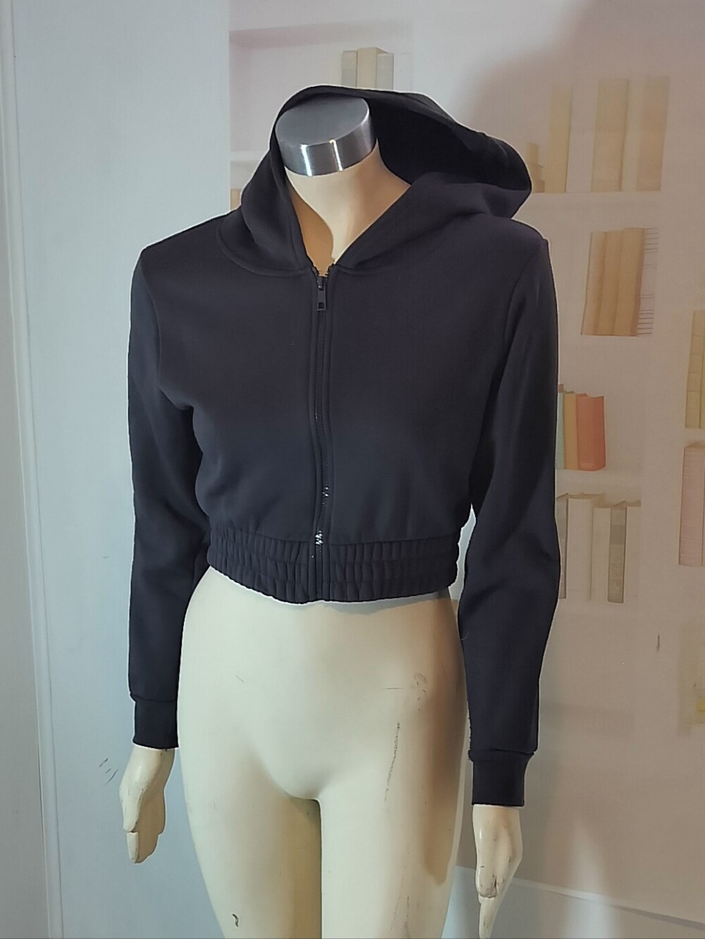 New Mix Cropped Black Hooded Zip-Up Jacket